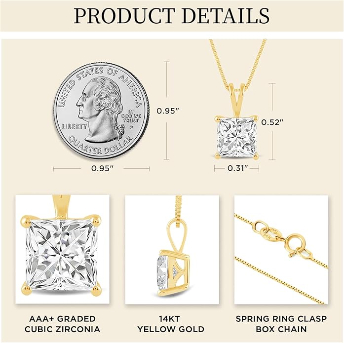 Everyday Elegance Solid 14K Gold Cubic Zirconia Solitaire Pendant Necklace for Women Heart, Princess, Round, Oval, Emerald, Pear & Cushion Cut 1 or 2 CTW | .60mm Thick 16" 18" Length Box Link Chain