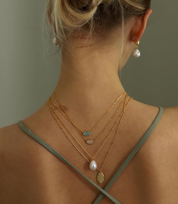 OZEL JEWELRY & GIFT Layered Gold Necklaces for Women - Crystal Colorful Delicate Cutting Pendant Necklace - 18K Gold Plated - Birthday Gifts (Made in Korea)