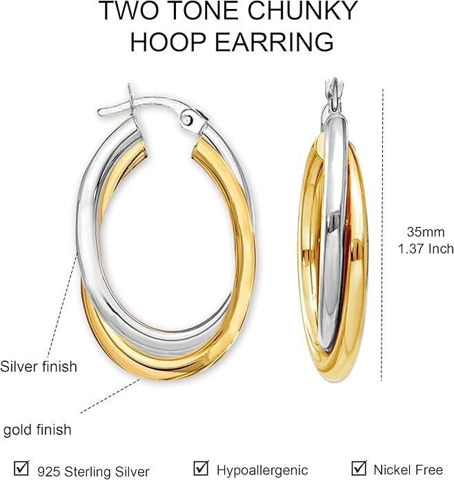 LeCalla 925 Sterling Silver Chunky Hoop Earrings | 14K Two-Tone Three-Tone Hoop Earrings | Intertwining Oval Shape Polished Twisted Hoop Earrings for Women