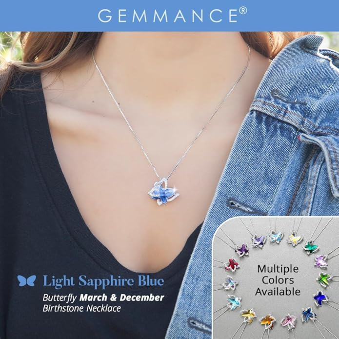 Gift Butterfly Birthstone Crystal Necklace, Silver Tone with 18”+2” Chain, Necklace for Mother’s Day Anniversary Birthday Gifts for Women and Daughter