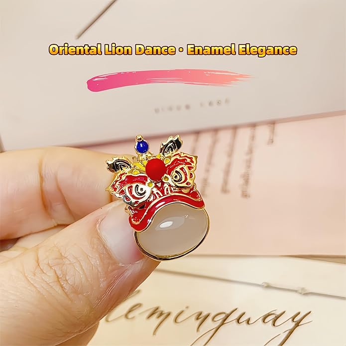 Chinese Lion Dance Brooch, Vintage Enamel Floral & Cat Eye Pearl Adjustable Lapel Pin for Women & Men – Traditional Asian Style Awakening Lion Brooch for Jacket, Blazer, Scarf, Qipao, Wedding, Festival Gift (Gold/Red/Blue)