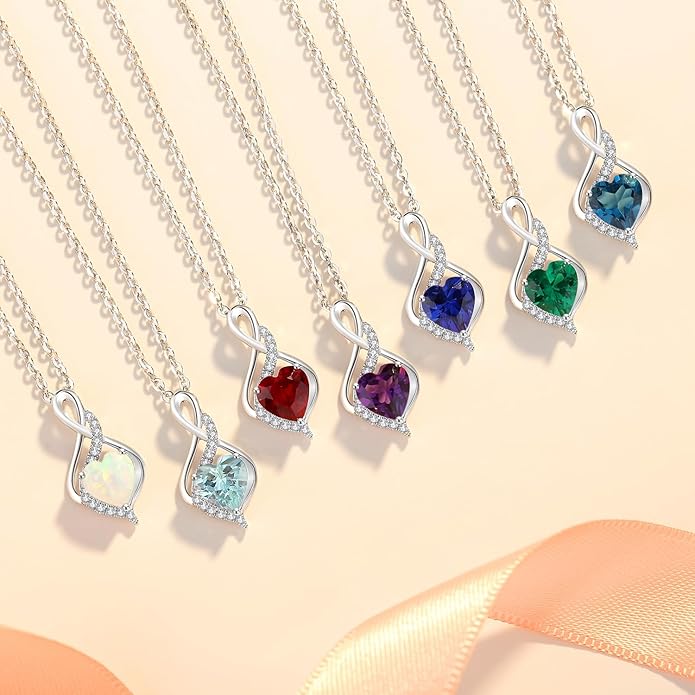 FANCIME 14K Solid White Gold Infinity Heart Birthstone Necklace for Women with Diamond Pendant Birthday Gifts for Mom Women Sterling Silver Chain 16" + 2" Extender