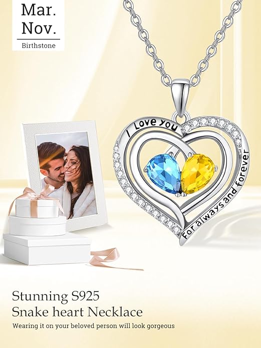 Zeuslia Double Birthstone Necklace Gifts for Wife - 925 Sterling Silver Sunflower/Rose/Crown Cross/Compass/Heart Pendant I Love You Necklace, Anniversary Birthday Gifts for Wife Girlfriend Mom Her