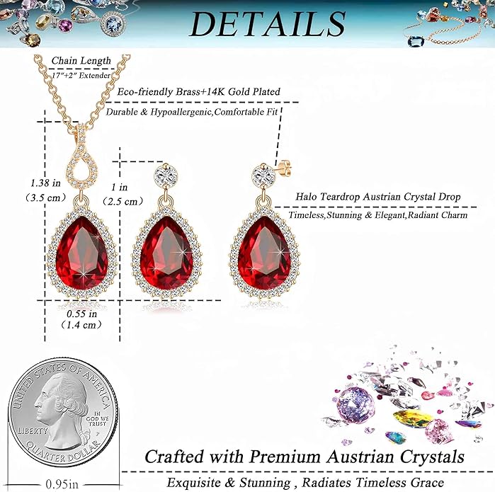 Austrian Crystals Teardrop Pendant Necklace Earrings for Women 14K Gold Plated Hypoallergenic Jewelry Set