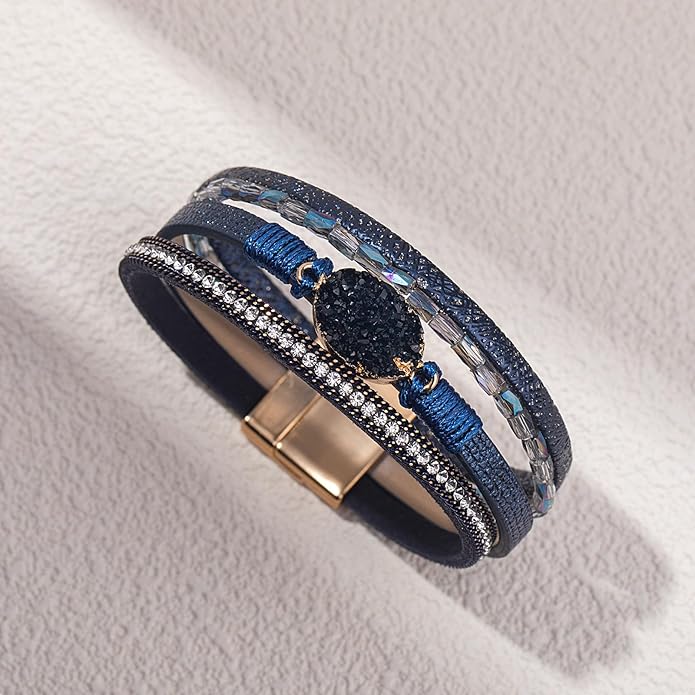 FANCY SHINY Leather Wrap Bracelet Boho Cuff Bangle Bracelets Crystal Bead Bracelet with Magnetic Clasp Jewelry Gifts for Women