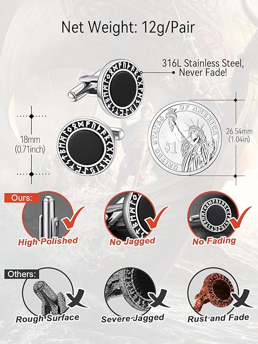 FaithHeart Mens Cufflinks, Norse Viking Tuxedo Shirt Cuff Links, Stainless Steel Cuff Links and Shirt Studs, Gift Box