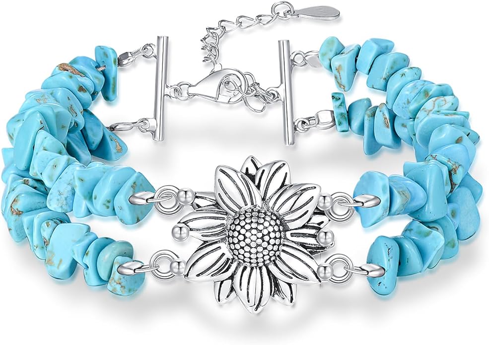 Boho Genuine Turquoise Bracelet for Women Western 925 Sterling Silver Gemstone Tree of Life Dream Catcher Sunflower Bracelets Jewelry for Her