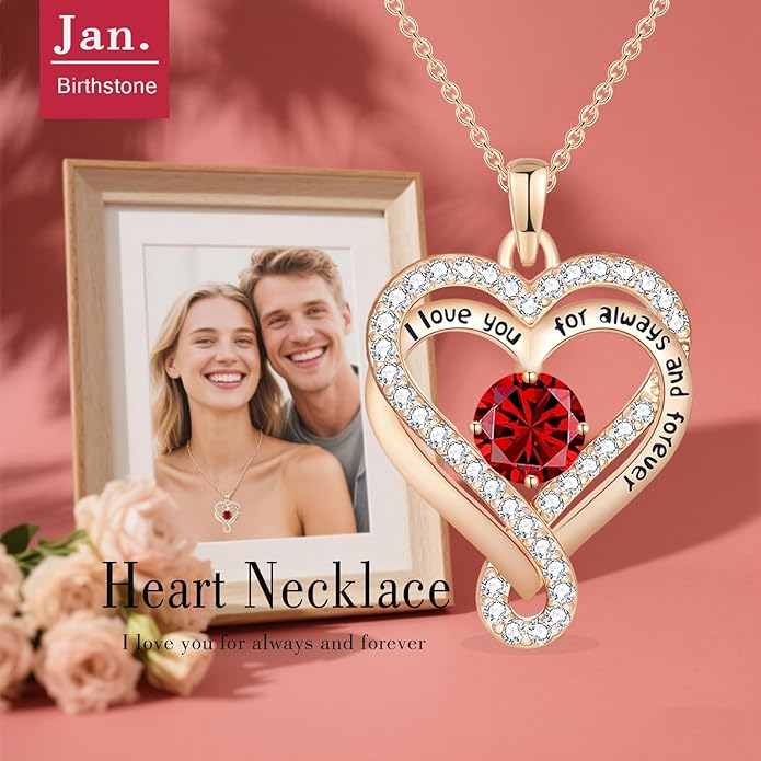 Birthstone Heart Necklaces for Women, Infinity Pendent S925 Sterling Silver Jewelry for Women, Wedding Anniversary, Birthday Mother’s Day Gifts for Mom, Mother, Wife, Girlfriend