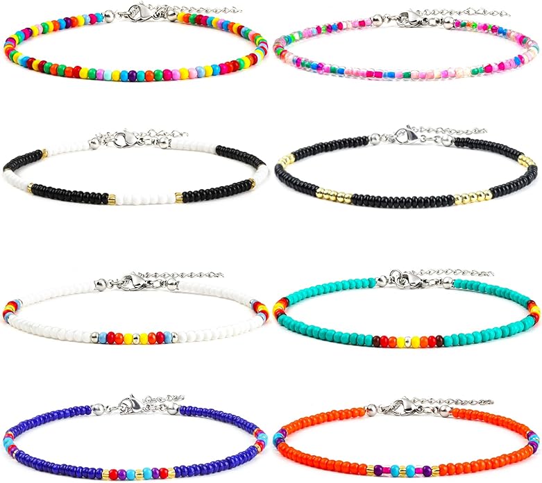 XIJIN 8Pcs Handmade Beaded Anklets for Women Boho Colorful Beads Ankle Bracelets Adjustable Foot Anklet Set