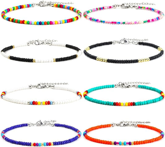XIJIN 8Pcs Handmade Beaded Anklets for Women Boho Colorful Beads Ankle Bracelets Adjustable Foot Anklet Set