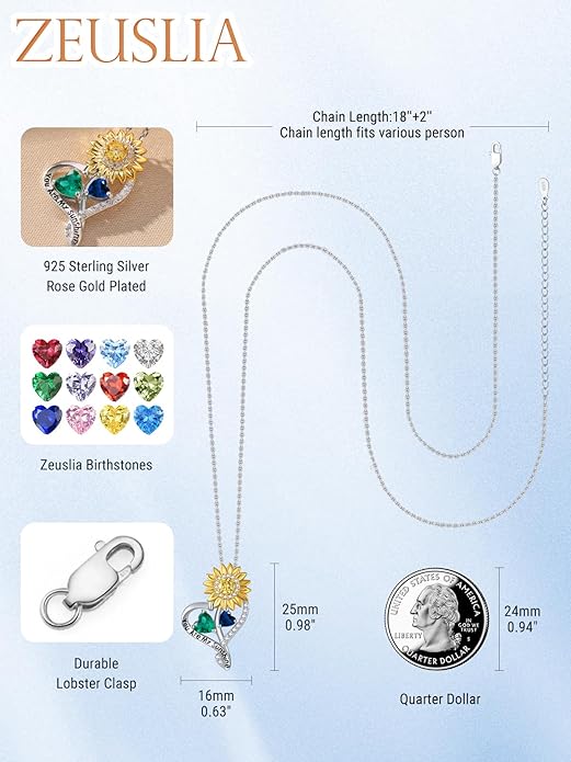 Zeuslia Double Birthstone Necklace Gifts for Wife - 925 Sterling Silver Sunflower/Rose/Crown Cross/Compass/Heart Pendant I Love You Necklace, Anniversary Birthday Gifts for Wife Girlfriend Mom Her