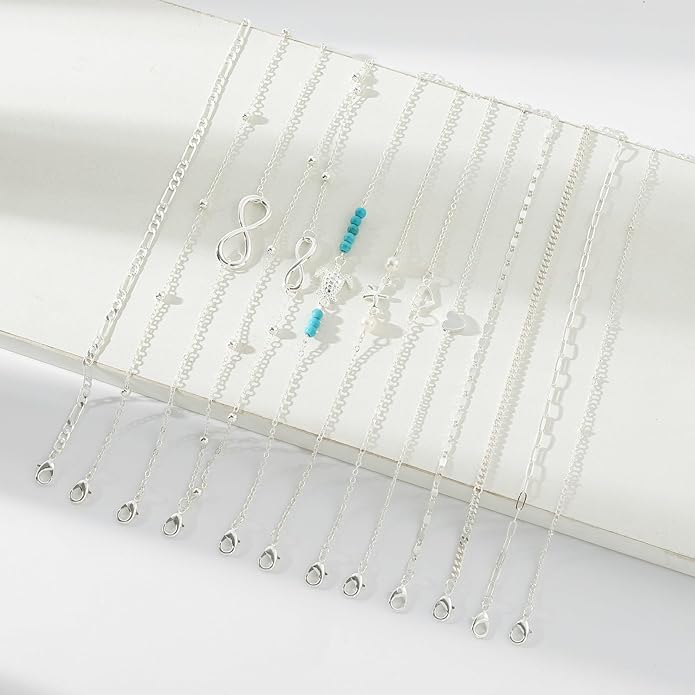 Starain 12Pcs Summer Beach Anklets for Women Waterproof Gold Silver Chain Ankle Bracelets Cute Women's Foot Anklet Set 7.9-10.5 inch Adjustable