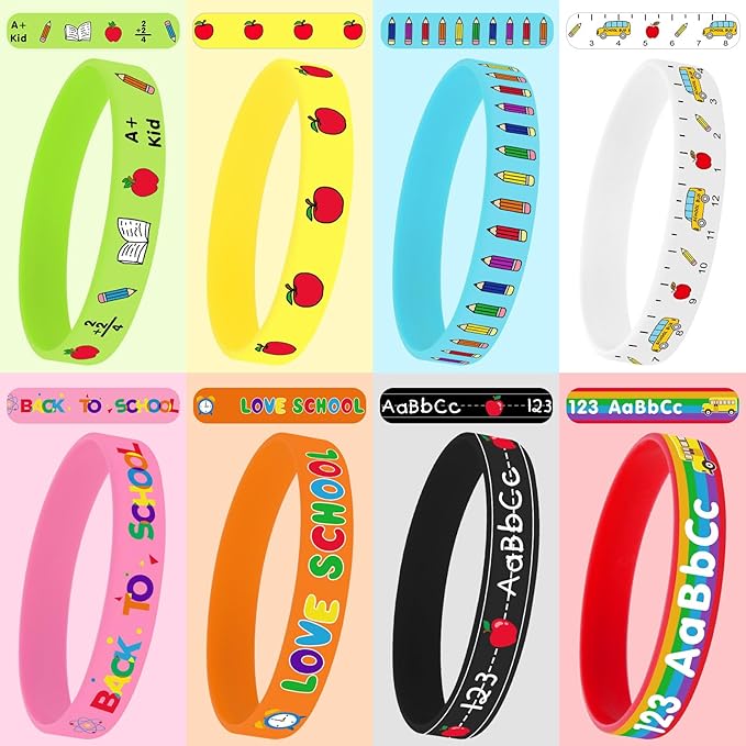 JUNEBRUSHS 64Pcs Welcome Back to School Party Favors Silicone Bracelets Rubber Wristbands for First Day of School Party Decorations Kindergarten Preschool Favors Supplies(8 Designs)