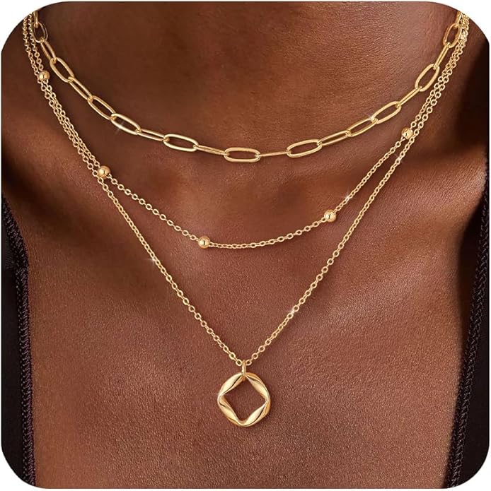 Layered Gold Silver Necklace for Women Non Tarnish,Dainty Choker Statement Chunky Necklace Stack Charm Pendant Chain Necklace Set 14K Gold Plated Long Stacked Womens Necklaces Trendy Jewelry Gift