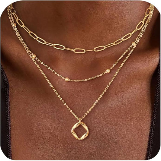 Layered Gold Silver Necklace for Women Non Tarnish,Dainty Choker Statement Chunky Necklace Stack Charm Pendant Chain Necklace Set 14K Gold Plated Long Stacked Womens Necklaces Trendy Jewelry Gift