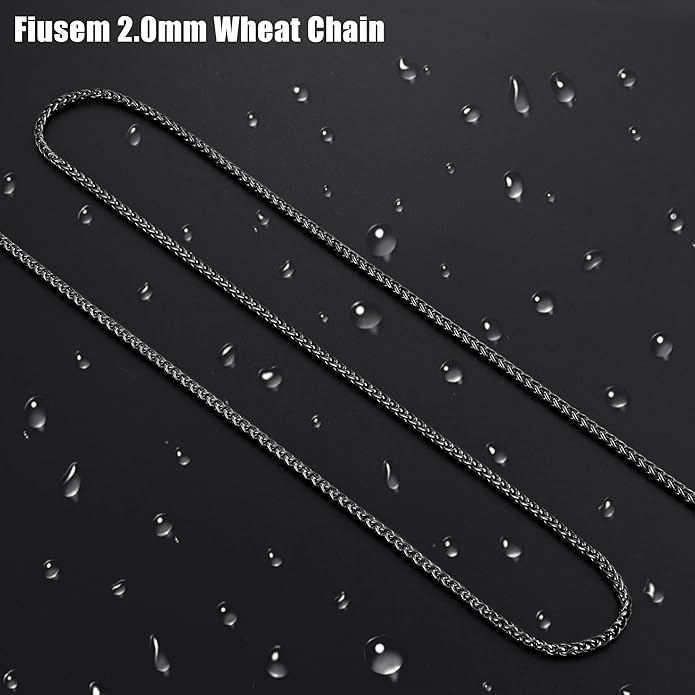 Fiusem Wheat Chains for Men and Women, 2/2.5/3/4/5mm Silver Tone/14K Gold Plated/Black Necklace Chain, Stainless Steel Mens Necklace 16-28 Inch