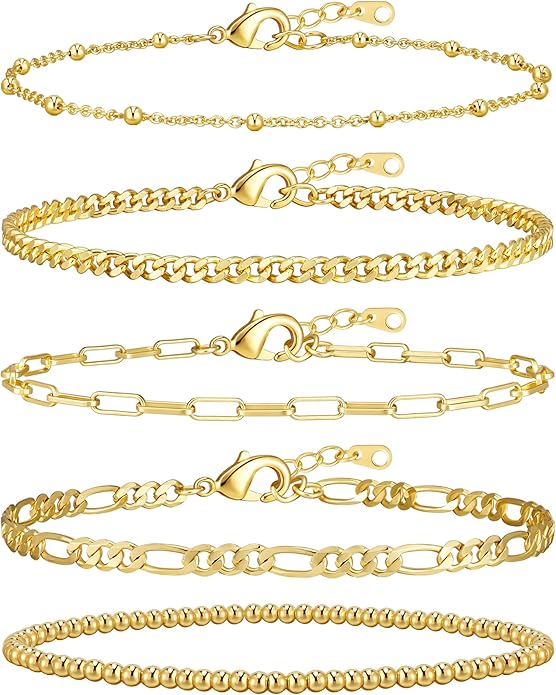 adoyi Gold Bracelets for Women, 14K Gold Plated Stackable Bracelet Stack Set Adjustable Charm Paperclip Chain Cuban Link Layered Waterproof Jewelry Sets Gifts for Womens 6.0/6.8/7.2"