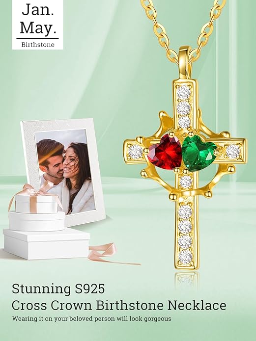 Zeuslia Double Birthstone Necklace Gifts for Wife - 925 Sterling Silver Sunflower/Rose/Crown Cross/Compass/Heart Pendant I Love You Necklace, Anniversary Birthday Gifts for Wife Girlfriend Mom Her