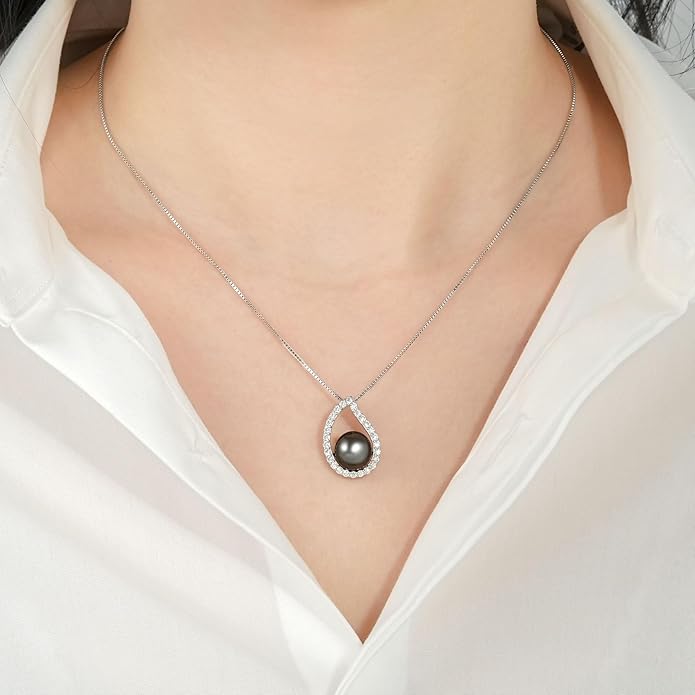 Tahitian Black Pearl Necklace for Women, Sterling Silver Single Pearl Pendant Jewelry Gift for Wife Mom Birthday Anniversary