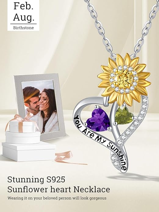 Zeuslia Double Birthstone Necklace Gifts for Wife - 925 Sterling Silver Sunflower/Rose/Crown Cross/Compass/Heart Pendant I Love You Necklace, Anniversary Birthday Gifts for Wife Girlfriend Mom Her