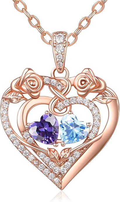 JIYVY32 Rose Heart Necklace for Women Exquisite 925 Sterling Silver Anniversary Birthday Gifts for Wife Mom Her Double Birthstone Pendant Jewelry