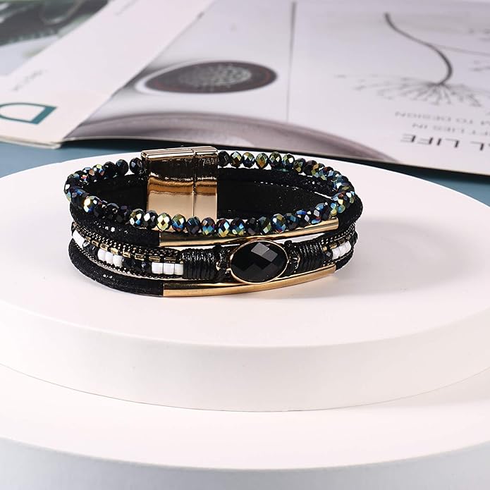 FANCY SHINY Leather Wrap Bracelets Crystal Beads Bracelet Boho Cuff Stone Charm Bracelets with Clasp Costume Jewelry for Women