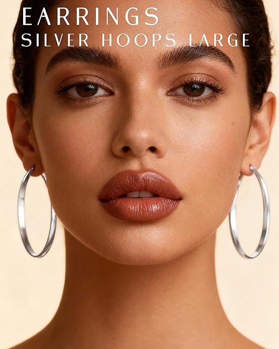 EXGOX 5mm Wide Gold Hoop Earrings for Women,Sterling Silver Hoop Earrings Large Silver Hoop Earrings Hypoallergenic Lightweight 14K Real Gold Plated Big Hoop Earrings for Women 30/40/50/60/70mm