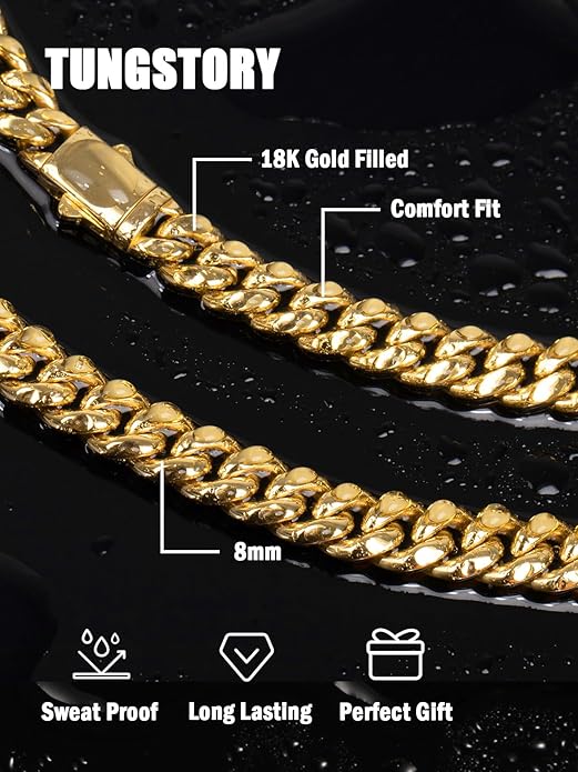 TUNGSTORY 18K Gold Filled Cuban Link Chain for Men - 8mm Chain Necklace with Easy-On Clasp, Necklace Box Included- Miami Cuban Chain Non-Tarnish Hypoallergenic, Gift for Men