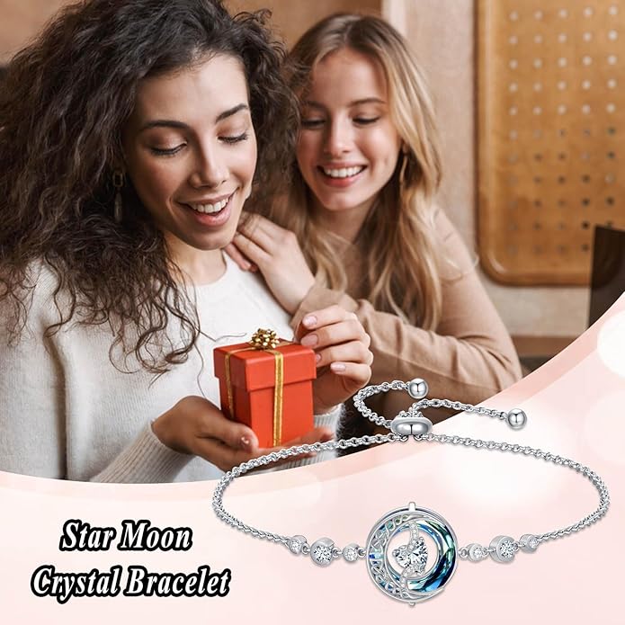 TOUPOP Birthstone Bracelet Moon and Star Bracelet 925 Sterling Silver Blue Crystal Jewelry Birthday Christmas Gifts for Women