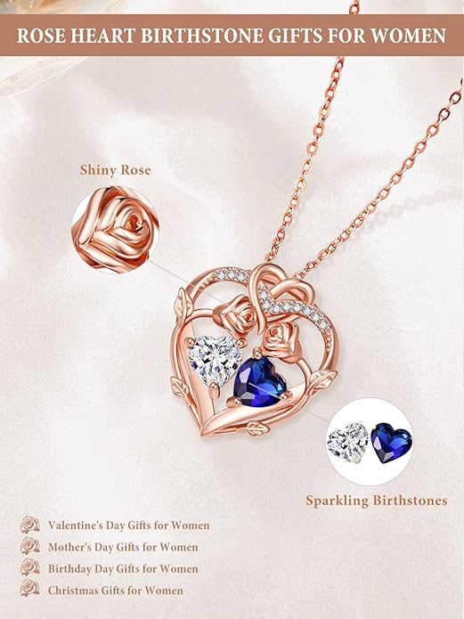 Rose Gold Necklaces for Women Double Birthstone Rose Flower Heart Pendant Necklace Jewelry Anniversary Christmas Valentine's Mother's Day Birthday Gift for Wife Mom Her Girlfriend Sister