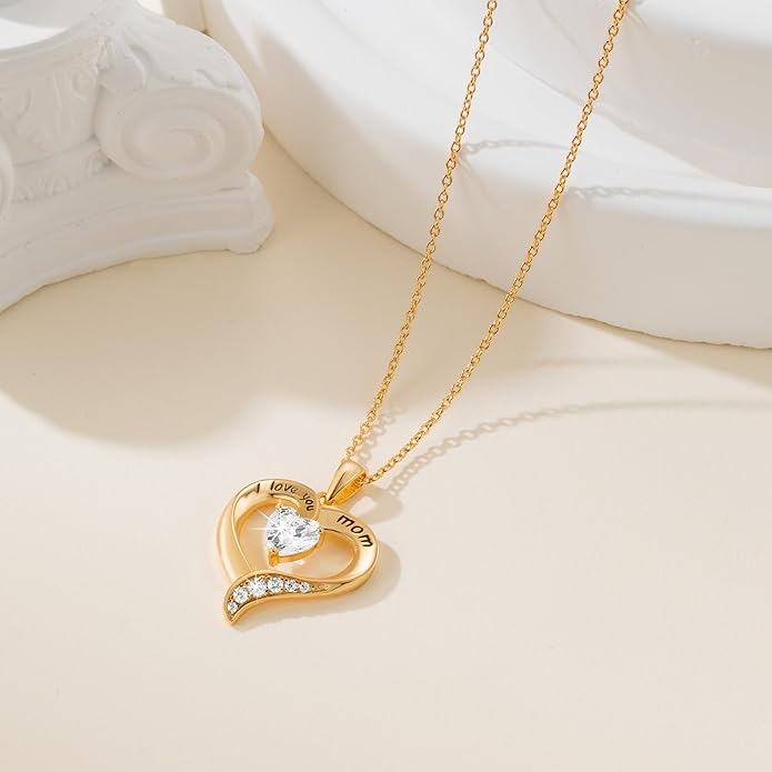 NINAMAID Mom Necklace 925 Sterling Silver Heart Necklaces for Women Engraved I Love You You Mom Gifts for Mom from Daughter