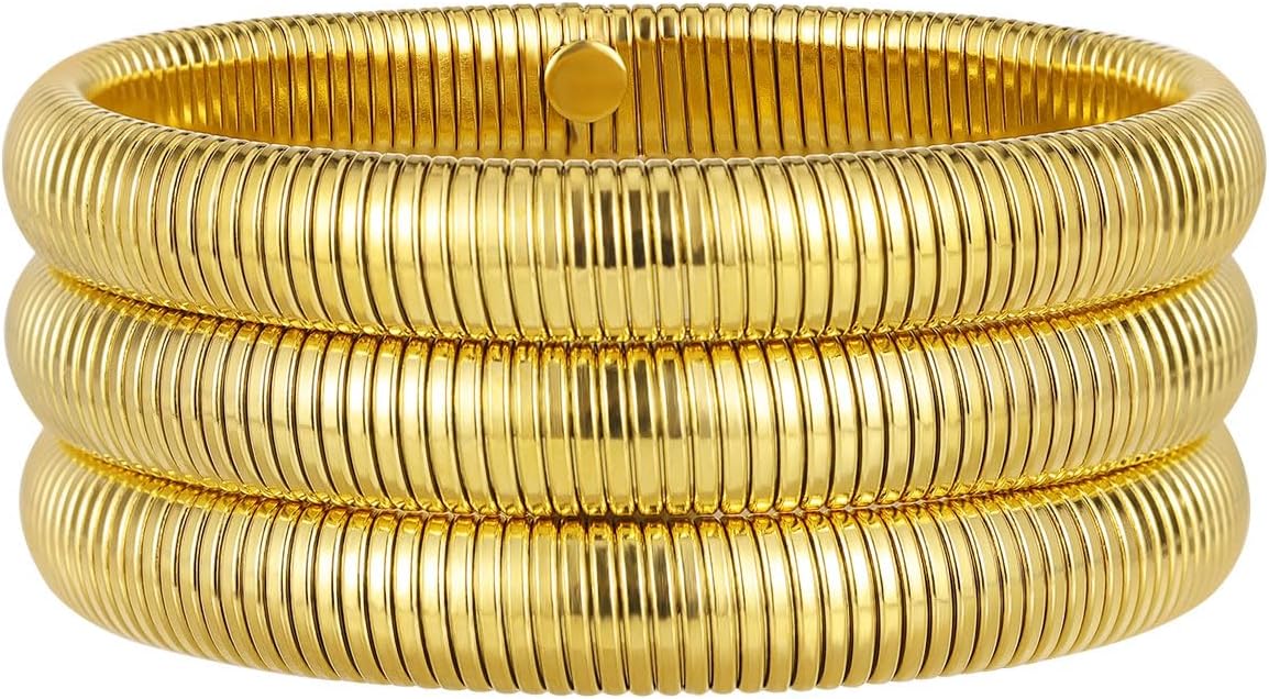 Emibele Gold Bangles Bracelet Set for Women, 18K Gold Plated Chunky Stainless Steel Non Tarnish Stretch Bracelet Stack, Flexible Wide Wristband Bangle Layered Snake Chain Bracelets