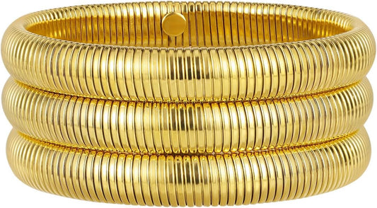 Emibele Gold Bangles Bracelet Set for Women, 18K Gold Plated Chunky Stainless Steel Non Tarnish Stretch Bracelet Stack, Flexible Wide Wristband Bangle Layered Snake Chain Bracelets