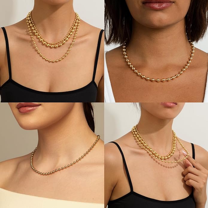 Statement Gold Beads Necklace for Women Vintage Gold Beaded Strand Chain Necklace Fashion Jewelry for Women