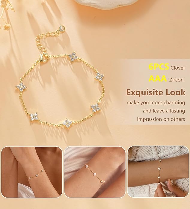 Gold Bracelets for Women,14K Dainty Gold Plated Bracelets Non Tarnish Waterproof Diamond Bracelets Heart Flower Round Square CZ Charm Bracelet Trendy Stuff Jewelry Gifts for Her