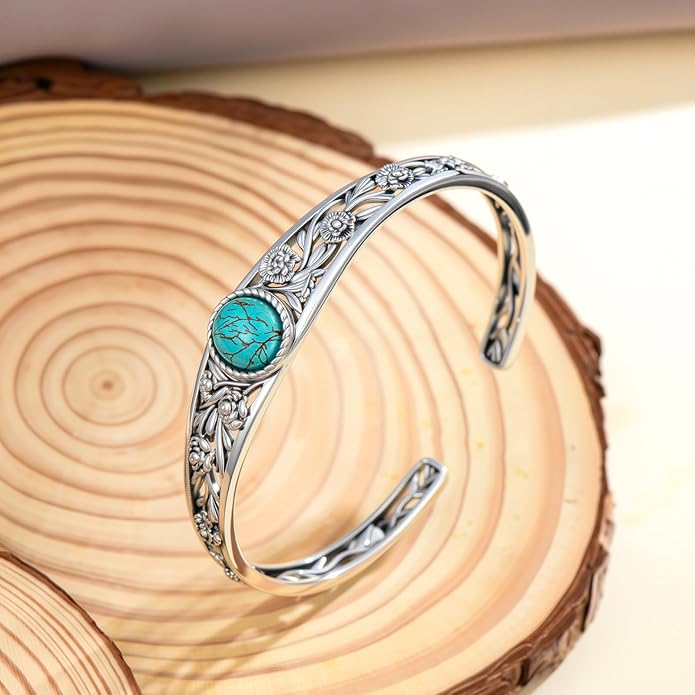 Christmas Jewelry Gift for Women-Genuine Turquoise Cuff Bracelet, Sterling Silver Western Vintage Floral Bangle Native American Jewelry, For 6.5-7.5 Inch Wrists