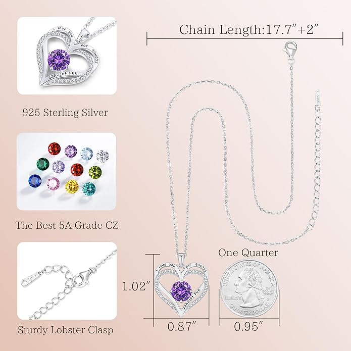 LOUISA SECRET Love Heart Birthstone Necklaces for Women, Birthday Gift for Girlfriend, Anniversary Jewelry Gift for Wife Her, 925 Sterling Silver Women Pendant Necklace, Mother's Day Christams Gift