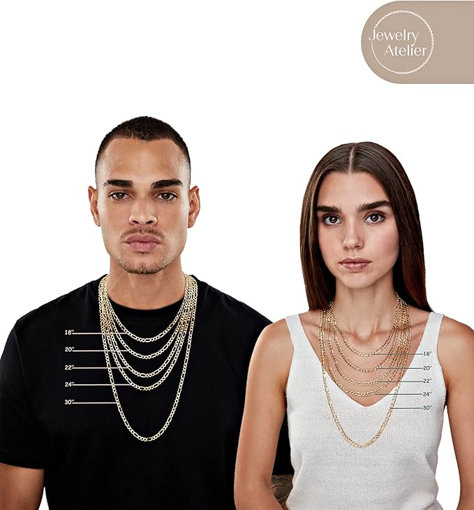 Jewelry Atelier Gold Chain Necklace Collection - 14K Solid Yellow Gold Filled Figaro Chain Necklaces for Women and Men with Different Sizes (2.8mm, 3.7mm, 4.7mm, 5.6mm)