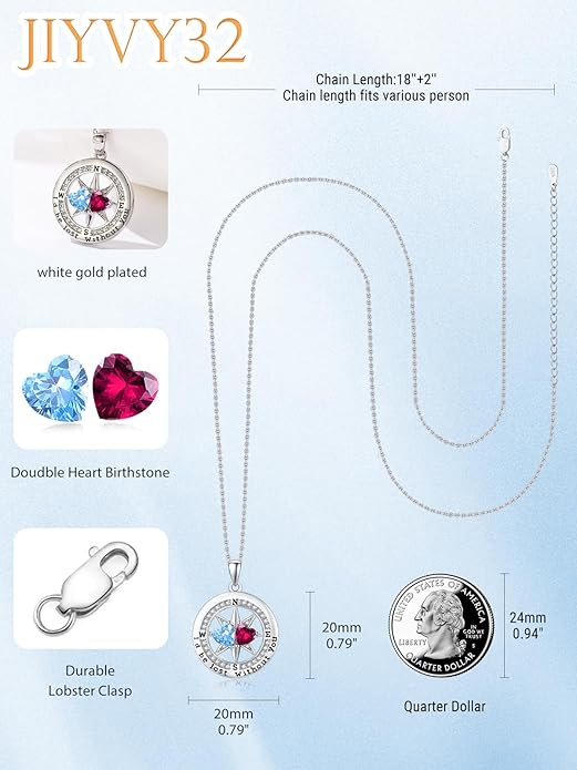 Compass Birthstones Necklace for Women, Exquisite Anniversary Birthday Gifts for Wife Her Double Birthstone Pendant jewelry ‘I'd be Lost Without You’