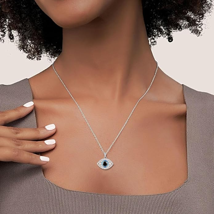 Jewmon 925 Sterling Silver Evil Eye Necklace for Women Lucky Turkey Eye of Proection Necklace Evil Eye Jewelry Gifts for Mom Daughter Grandma
