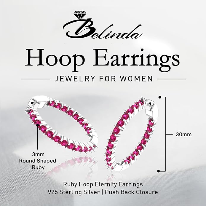 Hoop Earrings with 40 Colored Gemstones, Birthstone Earrings, 925 Sterling Silver Rhodium Plated, Push Back Closure, 1.18'