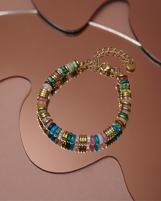 Colorful 18K Gold Plated Bracelets for Women, Stack Bangle Beaded Stone Jewelry Accessories Set for Woman, Trendy Fashion Jewelry Gifts