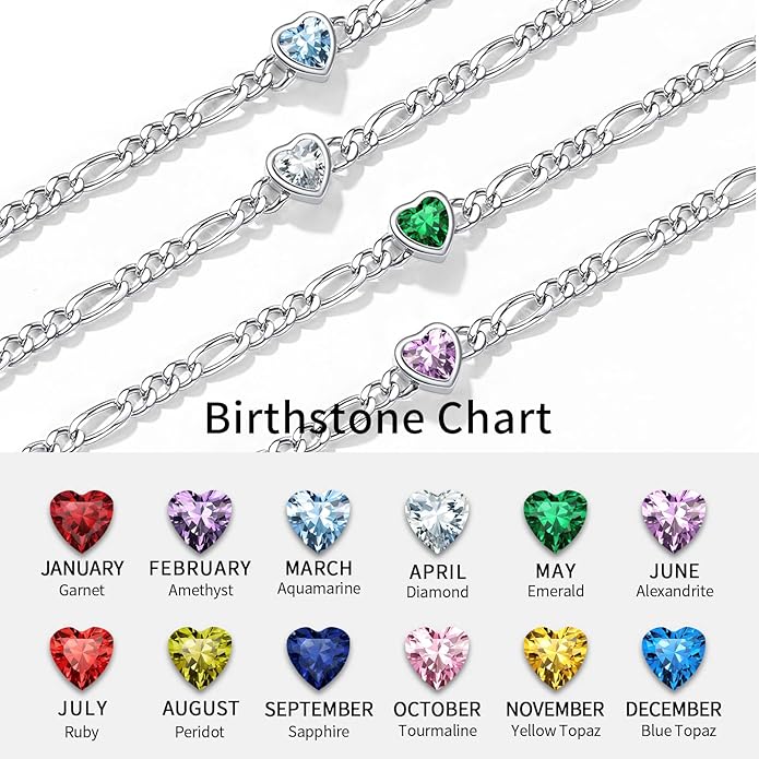 ChicSilver Sterling Silver Anklets Bracelets for Women, Figaro Chain Heart/Round Birthstone Anklet for Women Waterproof, Dainty Herringbone Ankle Bracelet Summer Beach jewelry