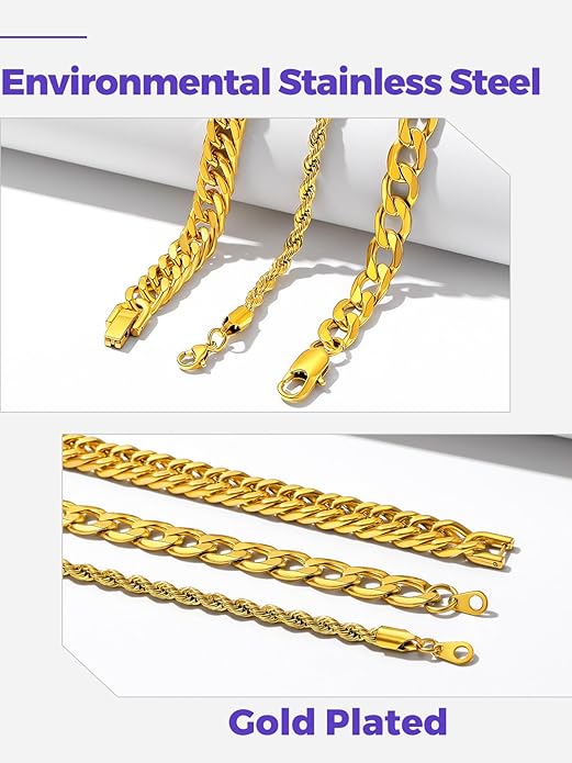 Richsteel 2PCS/3PCS Bracelets Chain for Men Women Stainless Steel Silver/Gold/Black Cuban/Rope Link Chain Bracelets Set, 7.4/8.2/9 Inch Hand Chain Length for Men Women Jewelry