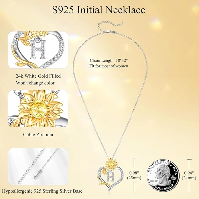 AENEAS Sunflower Initial Necklace for Women Gold Plated Sterling Silver Letter Heart Pendant Jewelry Gift for Mom Wife Birthday Anniversary Christmas