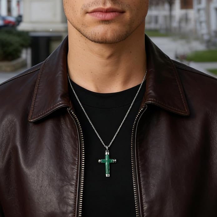GTMJ Cross Necklace for Men -Stainless Steel & Gemstone Adjustable Box Chain 24-26in, Spiritual Jewelry Gift for Him, Everyday Wear