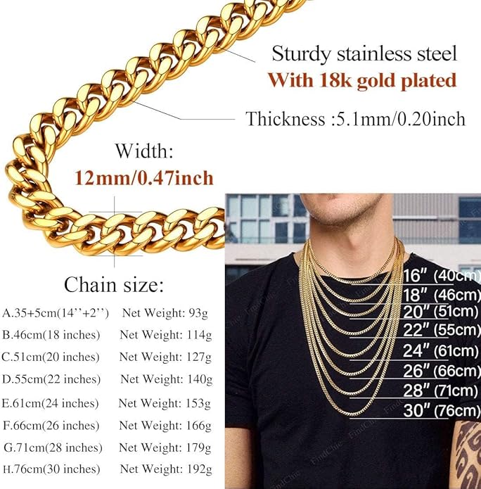 FindChic Men Curb Chain Necklace 18K Gold Plated/Stainless Steel/Black Chunky Double Tight Cuban Link Hip Hop Neck Chains for Men Boys 3.5MM/5MM/6MM/7MM/9MM/12MM 14''-30'' 8 Length Options (Send Gift Box)