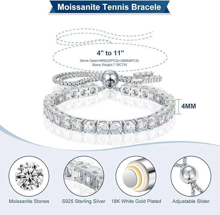 Moissanite Tennis Bracelet 1.52ct-7.76ct Adjustable Bracelet for Women 18K White Gold Plated S925 Sterling Silver Tennis Bracelet D Color VVS1 Round Cut 2/3/4mm Moissanite Bracelet Gifts for Wife/Mom