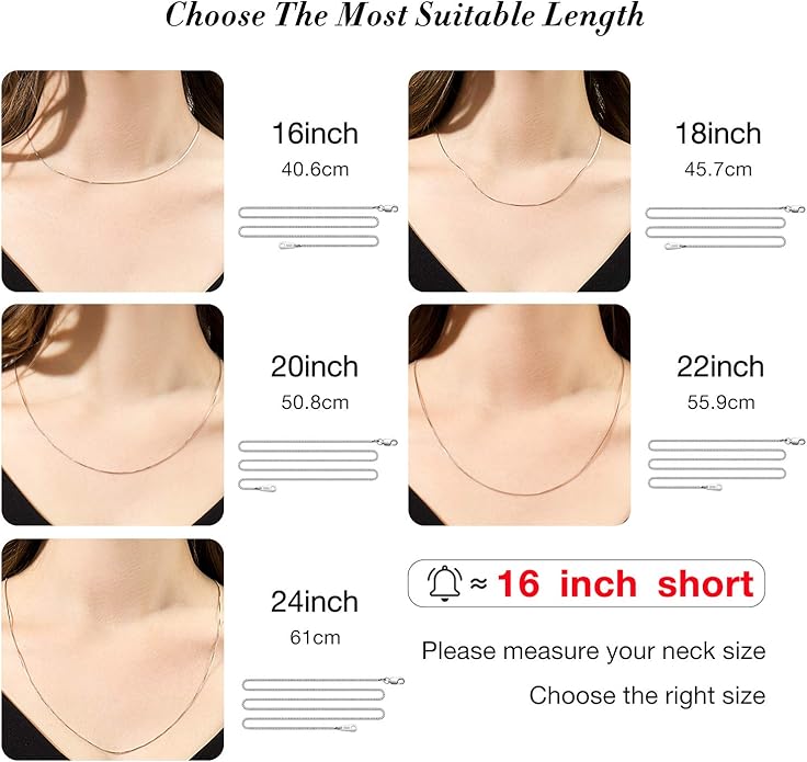 925 Sterling Silver Chain Necklace for Women 0.8mm Box Chain, Italian Necklace Chain, Super Strong & Thin & Long16/18/20/22/24 Inches