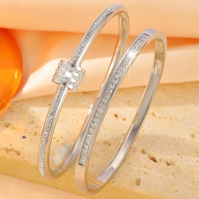 Silver Bangles for Women - Stainless Steel Love & Friendship Bracelet Set with Gift Box | Daily Wear & Party Jewelry